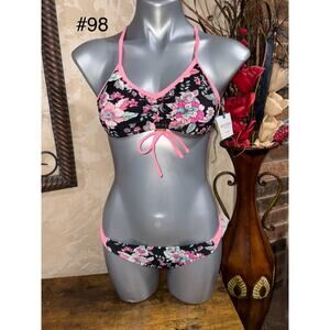 Arizona Jeans Co Black Neon Floral Ruched Middle Bikini Top  set Juniors